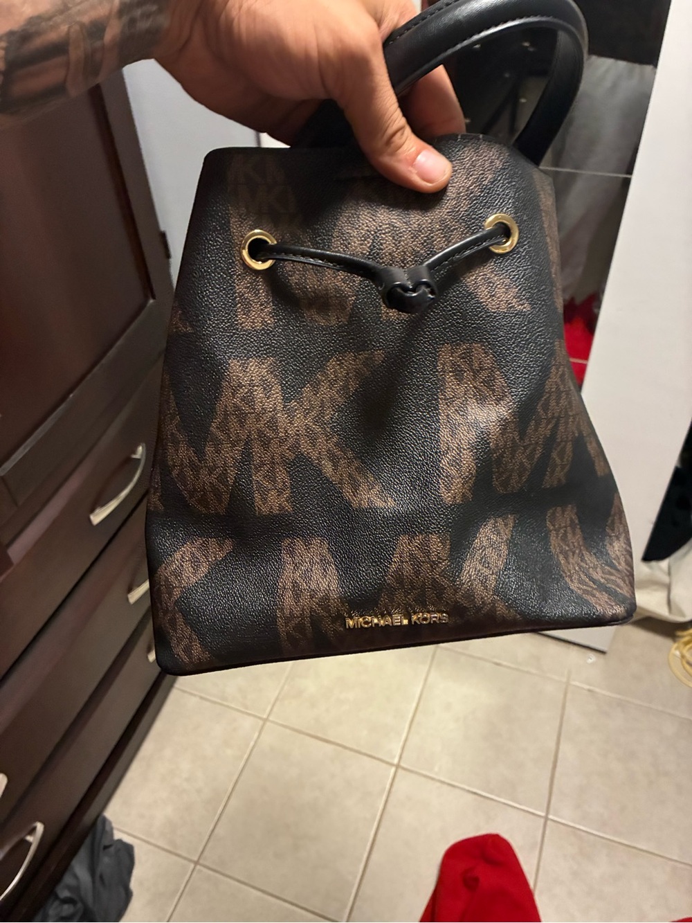 Michael Kors Brown and Black MK Logo Drawstring Bucket Backpack